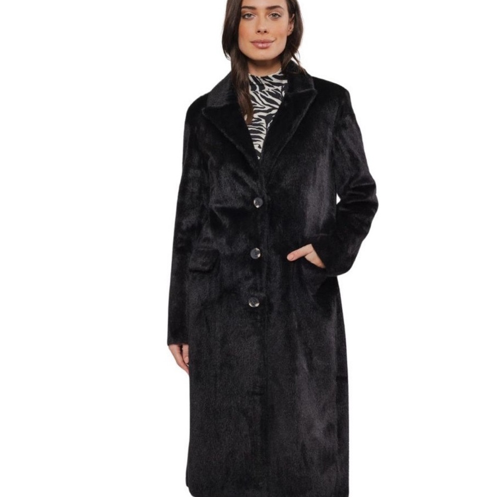 DKNY WOMEN'S ALL OVER FAUX FUR COAT, BUTTON FRONT BLACK SIZE XS NWT
